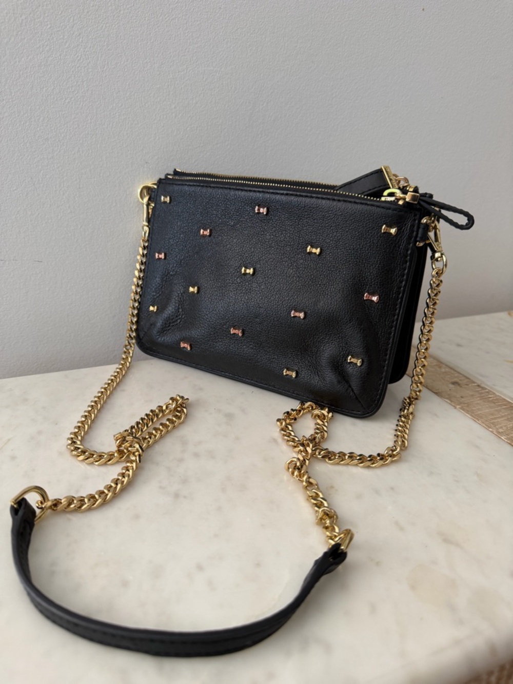 Ted Baker London Black Leather Crossbody with Gold Chain and Bow Studs